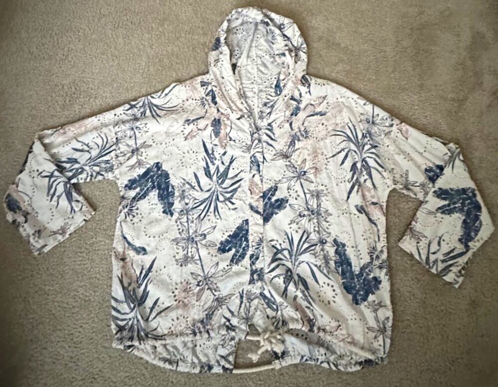 Gretty Zueger Womens Floral Embroidered Eyelet Hooded Tunic Top Boho Cotton Lg